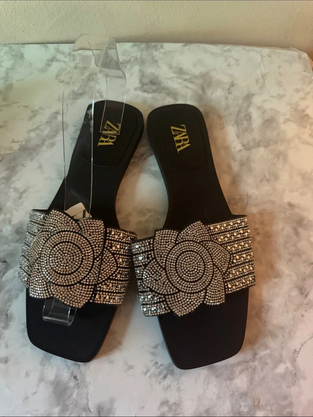ZARA Black Slides with Silver Crystal Floral Straps - Picture 2 of 2
